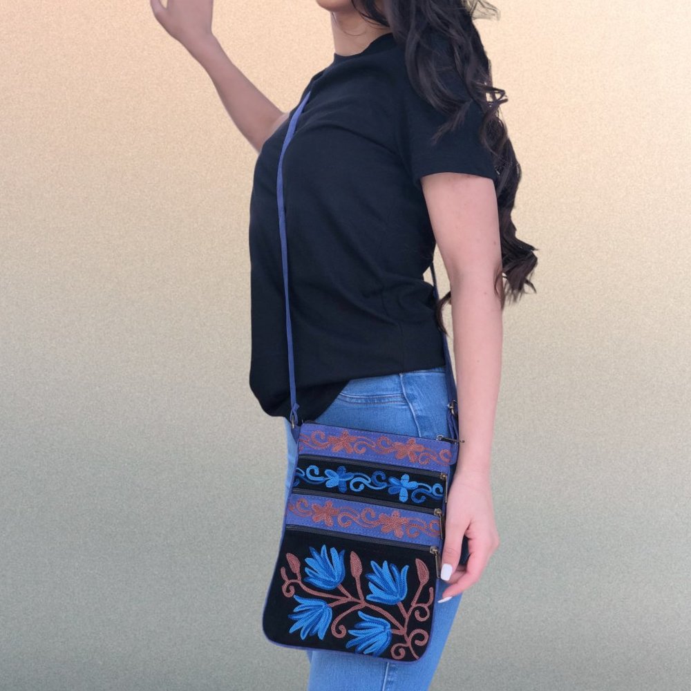 Black and Blue Hip Cross Body Purse with Flowers